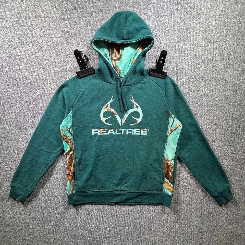 Realtree Hoodie Womens Medium Teal Green Fleece Antler Graphic Drawstring Hooded